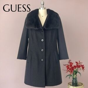 GUESS Black Wool Blend Faux-Fur Collar Winter Coat Womens Size M